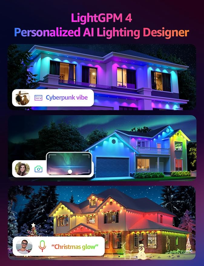 Lepro EE1 AI Permanent Outdoor Lights with Dual-Output 200ft 120 LED RGB+IC Smart Outside Light for House Christmas DecorAlexa Google Enabled 2.4 GHz WiFi/Bluetooth APP Control No Remote Controller