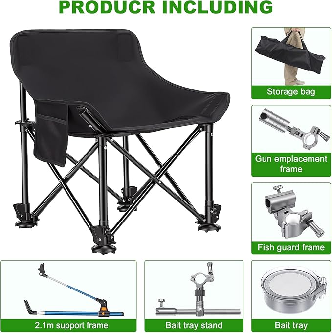 Folding Fishing Chair with Complete Accessories Portable Camping Chair for Outdoor Fishing 220LBS Load-Bearing Non-Slip All-Terrain Design with Storage Bags Carbon Steel Fishing Chair