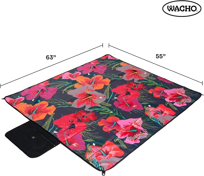 Wacho Waterproof Picnic Blanket – Large Sandproof Outdoor Mat with Carry Bag for Beach Camping Park &amp Travel Foldable Lightweight Easy to Clean &amp Portable Ground Cover for Families–Hibiscu