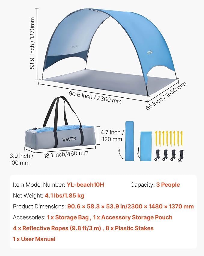VEVOR Beach Tent Sun Shelter for 3 Person UPF 50+ Portable Sun Shade Beach with Carrying Bag &amp Ground Stakes Lightweight and Easy Setup Beach Umbrella for Camping Fishing Outdoor Picnic