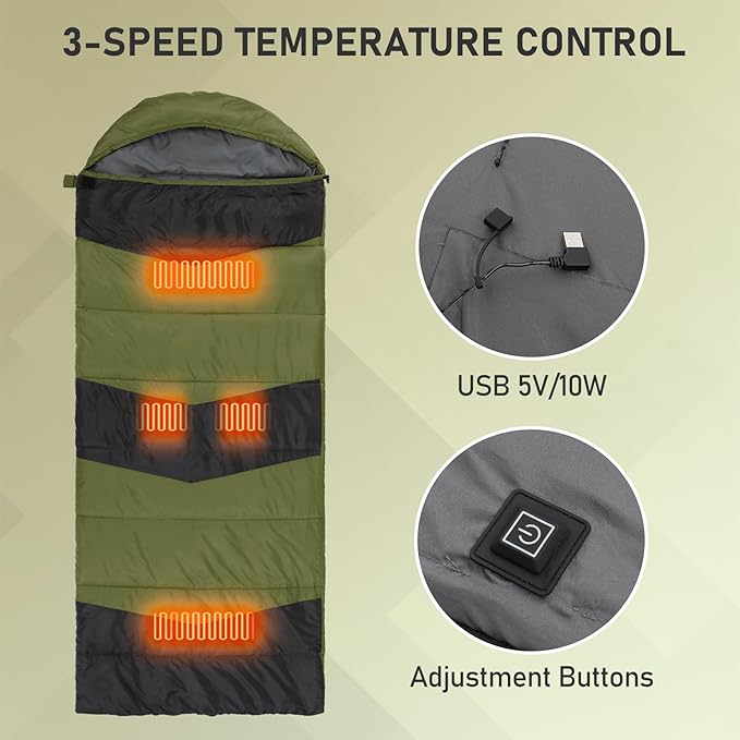 Heated Sleeping Bag with 3-Speed Temperature Control USB Powered Waterproof 190T Polyester Lightweight Portable for Camping Hiking Backpacking Office Car &amp RV - 82.7 x 33.5