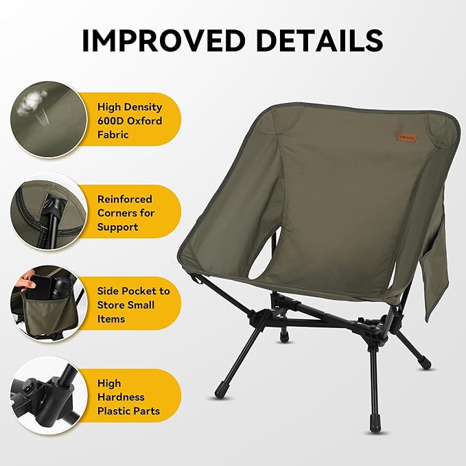 TOBTOS Portable Camping Chair Support up to 330 LBS Lightweight Folding Backpacking Chair for Outdoor Camp Travel Beach Picnic Hiking Backpacking (Army Green)