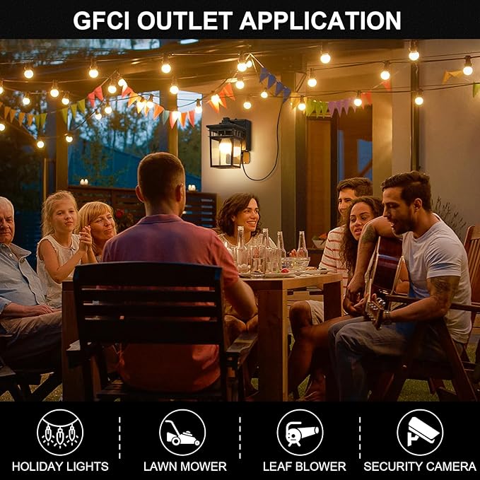 Outdoor Wall Lantern with GFCI Outlet Dusk to Dawn Outdoor Lighting with Clear Glass Shade Waterproof Outside Porch Lights for House Garage Front Door Bulb Included (Black with Brushed Gold)