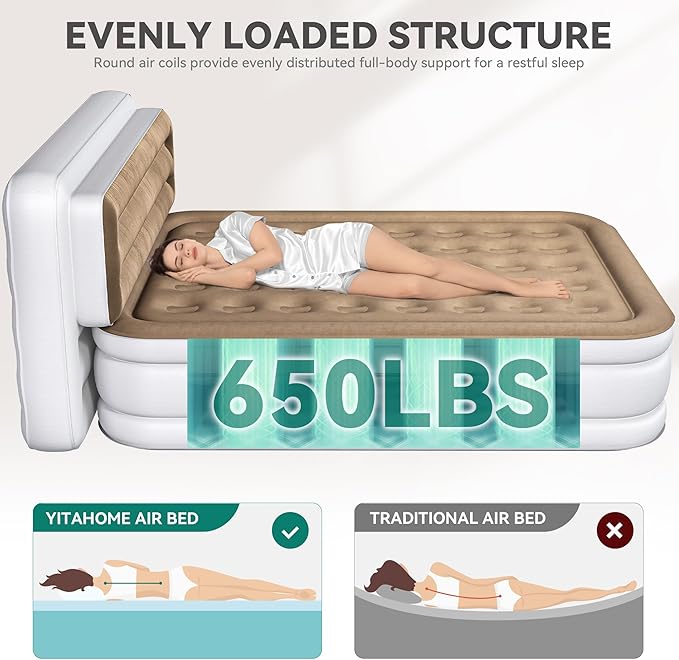 YITAHOME 18'' Flocked Top Queen Air Mattress with Pump and Banded Headboard Durable Inflatable Bed Blow-Up Mattress for Indoor and Outdoor Use Brown