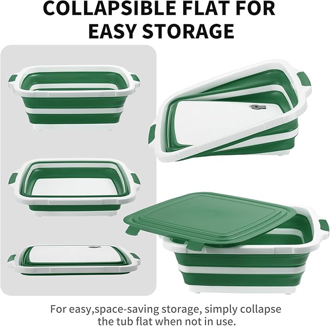 Collapsible BBQ Prep Tub for Meal Prep MarinatingFood Storage picnics camping barbecuescutting fruits and vegetables - Includes Cutting Board and Locking Lid(X-Large) Green