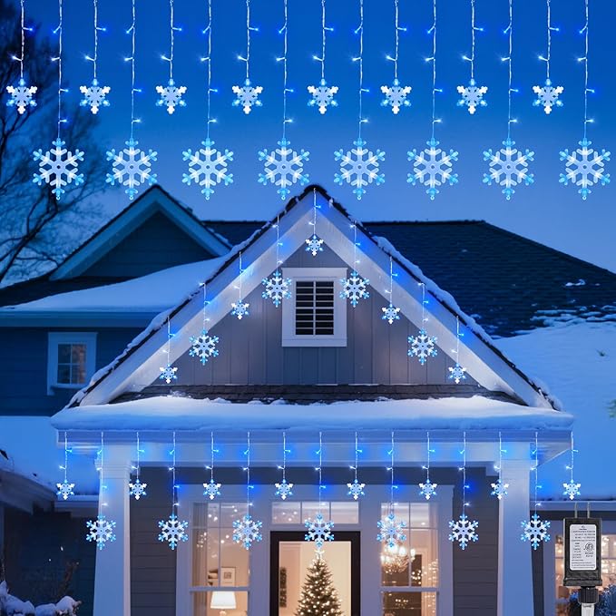 13 Ft 192 LED Snowflake Christmas Icicle Lights with 16 Drops 8 Modes and Timer IP65 Waterproof Connectable for Indoor Outdoor House Window Blue and White