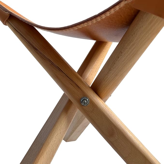 Leather Stool Portable Beech Wood Artist Folding Stool Italian Top Vegetable Tanned Leather Seat Home Fashion Genuine Leather Director’s Stool for Home Outdoor Camping Fishing (Three Leg)