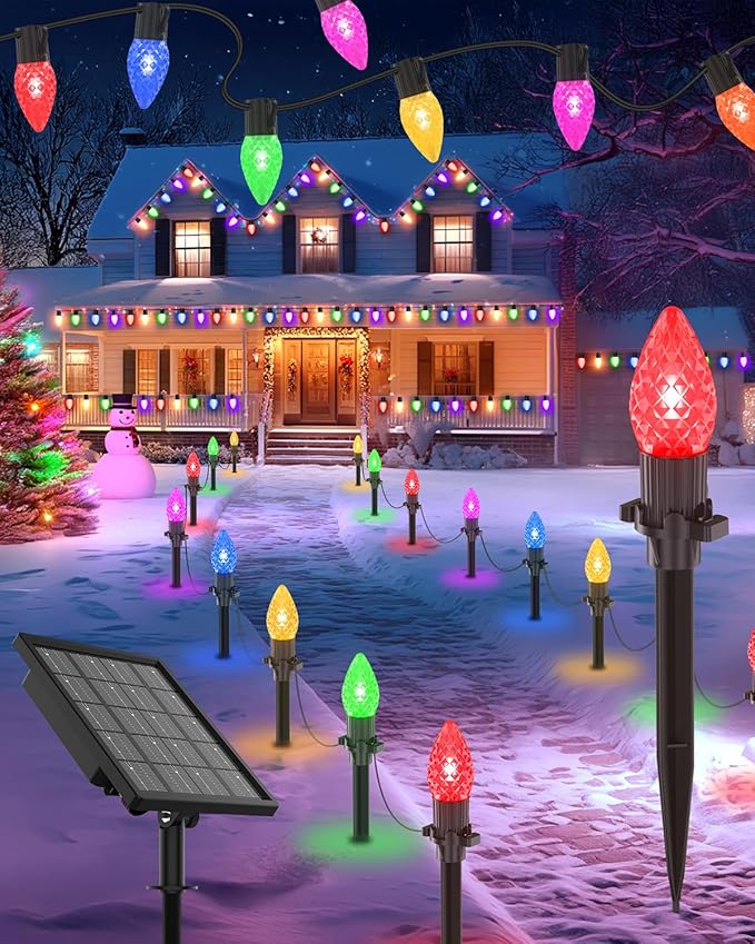 FREECUBE 50FT C9 LED Solar Christmas Pathway Lights Outdoor 25 Multicolor Bulbs with 8 Modes &amp Timer Waterproof Solar Christmas Stake Lights for Yard Lawn Sidewalk Driveway Outdoor Decorations
