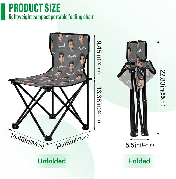 Sinestour Dark Gray Custom Photo Folding Camping Chair for Teen Child Personalized Name 14.6×14.6in Portable Outdoor Chair with Carry Bag for Picnic Barbeques Beach