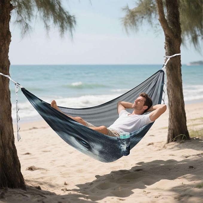 ALAZA Wolf Head Animal Camping Hammocks Single or 2 Person 500 lbs Portable Parachute Travel Hammock w/Tree Straps for Hiking Backpacking Indoor Outdoor
