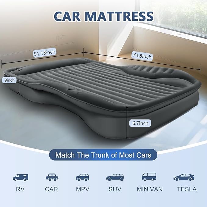 SUV Air Mattress with Built in PumpLeakproof Comfortable Durable Car Air Mattress Car Bed Mattress with Built-in Pillowfor SUV Minivan MPV Road Trip Inflatable Bed