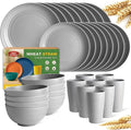 Teivio 32-Piece Kitchen Plastic Wheat Straw Dinnerware Set Service for 8 Dinner Plates Dessert Plate Cereal Bowls Cups Unbreakable Colorful Plastic Outdoor Camping Dishes Light Gray