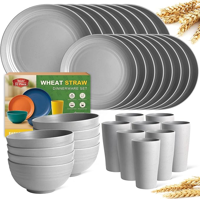 Teivio 32-Piece Kitchen Plastic Wheat Straw Dinnerware Set Service for 8 Dinner Plates Dessert Plate Cereal Bowls Cups Unbreakable Colorful Plastic Outdoor Camping Dishes Light Gray