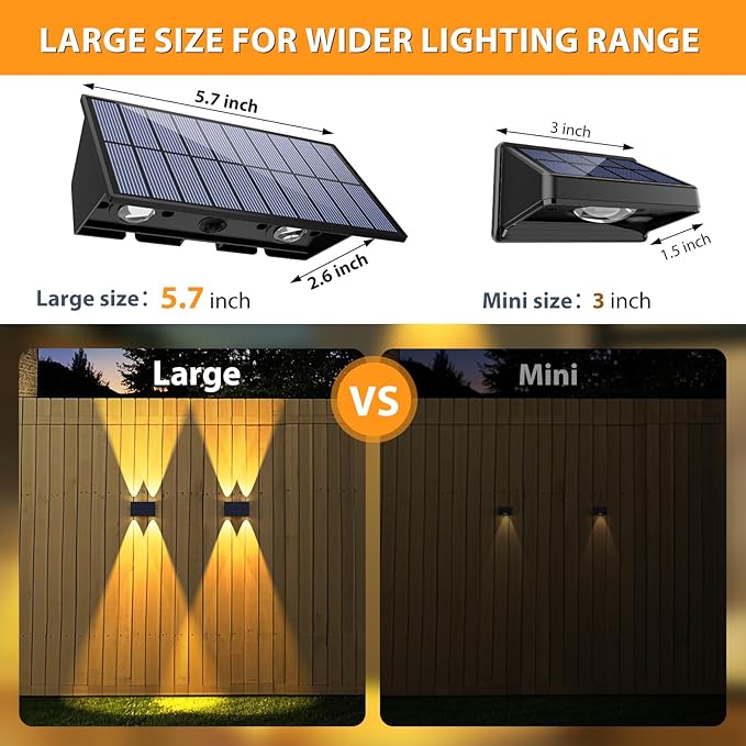 Solar Fence Lights6Pack Solar Lights Outdoor Warm White + RGB Up &amp Down Waterproof 100 Lumens Dusk to Dawn Large Solar Wall Lights for Backyard/Pool/Railing/Patio/Porch/Step/Wall