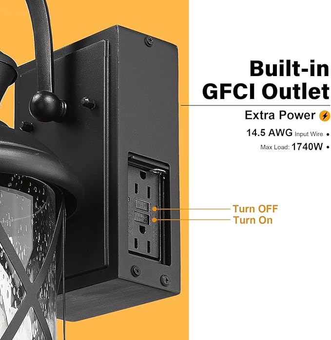 Darkaway Motion Sensor Outdoor Wall Light Dusk to Dawn Outdoor Porch Light with GFCI Outlet Waterproof Exterior Wall Sconce with Seeded Glass Black Wall Mount Lighting Fixture for House Patio Garage