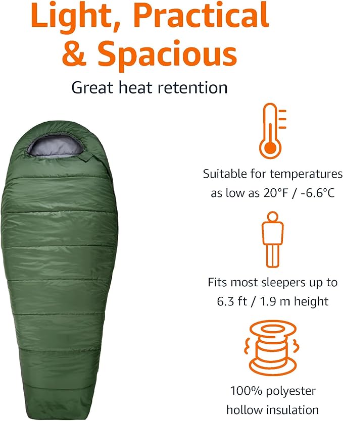 Amazon Basics 20°F Cold Weather Mummy Sleeping Bag for Hiking Outdoor Camping with No-Snag Zipper Portable 82 x 33 Olive Green