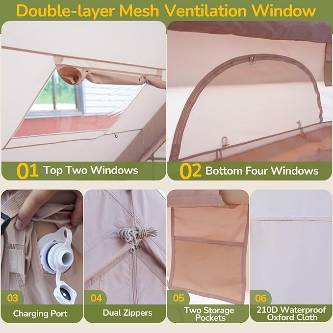 4-10 Person Inflatable Tent Waterproof Quick Setup for Camping Glamping and Family Outdoor Use Beige