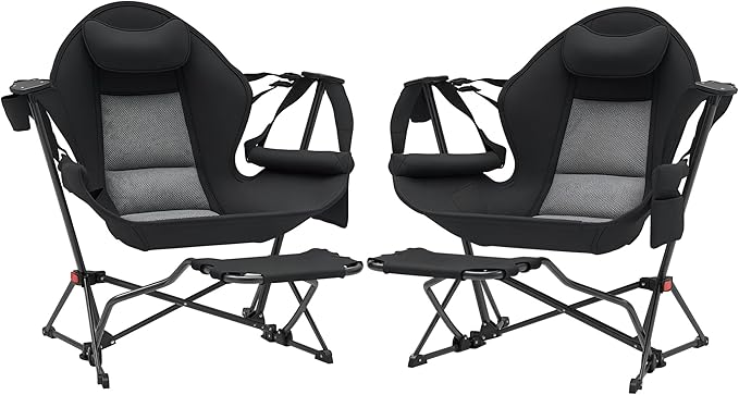 Outsunny Double Hammock Camping Chair Adjustable Back Folding Rocking Chair Swinging Hammock Chair with Cup Holder Headrest Removable Footrest Padded Seat for Travel Sports Concerts Black