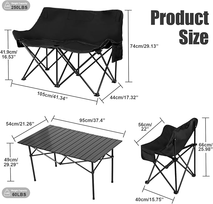 4Pcs Folding Table Chair Set with 1 Sofa 2 Single Chairs 1 Table Portable Lightweight Collapsible Tables and Chair for Outdoor Camping Hiking Travel Black