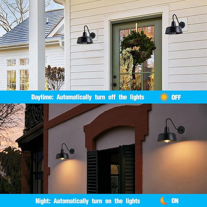 Gooseneck Barn-Lights Outdoor Fixture - 11 inch Farm Style Black Large Lighting Farmhouse Exterior Sconce Wall Light for House Dusk to Dawn Sensor Front Door Porch Garage (11 inch)
