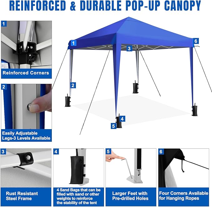 Yesker 10x10 Pop Up Canopy Tent UPF 50+ Waterproof Outdoor Canopy Portable Folding Easy Setup Gazebo Adjustable Height Instant Sun Shade Tent with Wheeled Bag for Events Parties Camping Patio Blue