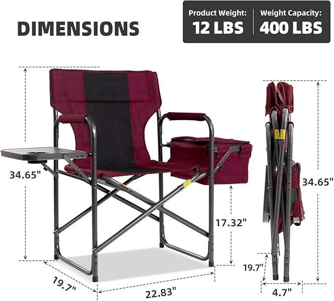 Director Camping Chair with Cooler Bag &amp Foldable Side Tray - 400lbs Heavy Duty Outdoor Folding Lawn Chair Portable Camp Chair for Backyard Fishing Beach (Wine Red)