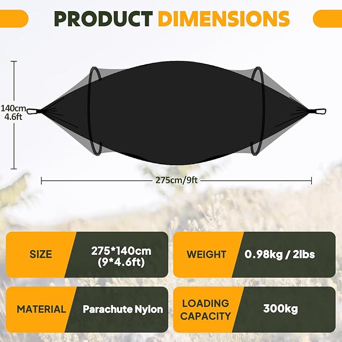 Chihee Ultra-Light Travel Camping Hammock Pop-up Net Hammock 660lbs Load CapacityBreathableQuick-Drying Parachute Nylon 2 Premium Carabiners2 Tree Slings Included for Outdoor Backpacking Hiking