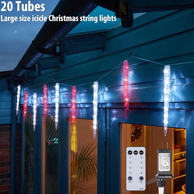 Red and White Icicle Christmas Lights - Outdoor &amp Indoor Hanging with 20 Large Tubes 29FT 8 Modes with Timer Connectable Meteor Shower Lights for Candy Cane Theme Decoration