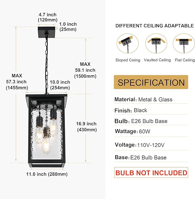 TODOLUZ Large 3-Light Outdoor Pendant Light Fixture Exterior Hanging Porch Lighting with Hammered Glass Adjustable Long Chain &amp E26 Bulb Base