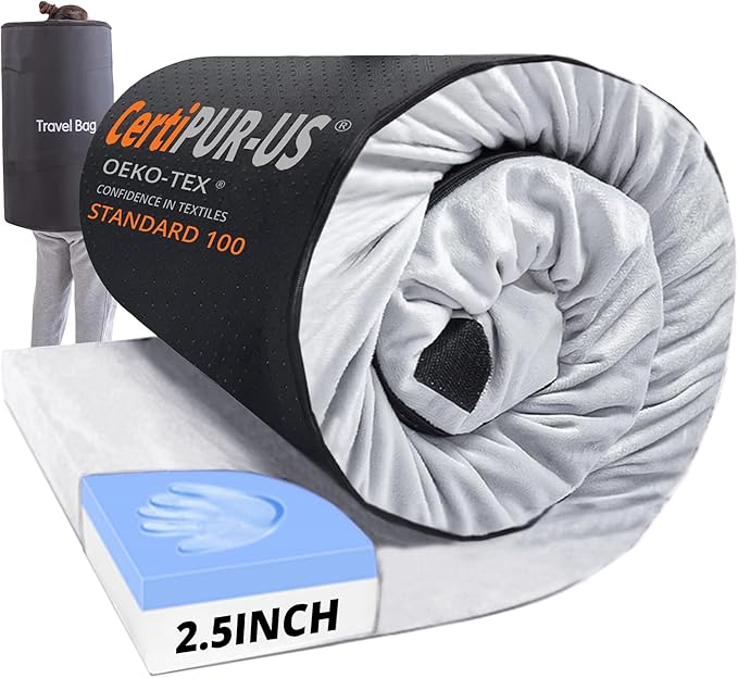 EGOHOME Memory Foam Camping Mattress 2.5 inch Portable Roll Up Camping Sleep Topper with Waterproof and Non-Slip Bottom Camping Car Mat with Travel Bag Grey