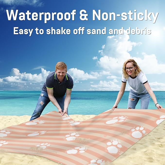 Waterproof Sandproof Beach Blanket 59''×68'' Cats Polyester Outdoor Picnic Blanket with 4 Stakes &amp Storage Bag for BeachCampingVacation Paw Print