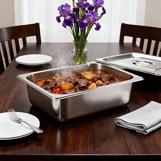 4 Pack Stainless Steel Hotel Pan1/2 Half Size Steam Pan with Lid4-Inch Deep Steam Table Pan for Home Kitchens Parties Hotel Buffets &amp Casual Gatherings (12.8”L x 10.4”W)