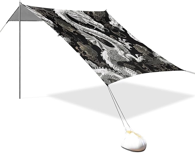 White Dragon Print Beach Tent Sun Shelter 9.2' x 10.5' Beach Canopy with 4 Sandbags 4 Stability Poles Sand Shovels - Tent Canopy for Beach Camping Fishing Picnics