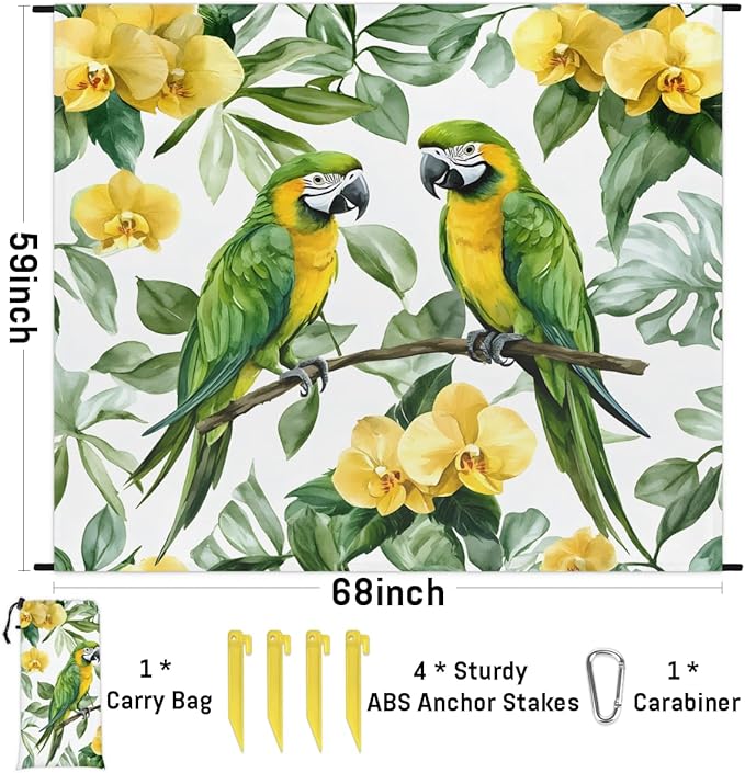 Waterproof Sandproof Beach Blanket 59''×68'' Jungle Bird Polyester Outdoor Picnic Blanket with 4 Stakes &amp Storage Bag for BeachCampingVacation Parrot