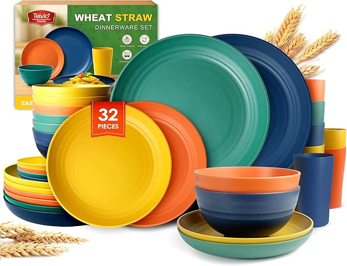 Teivio 32-Piece Kitchen Plastic Wheat Straw Dinnerware Set Service for 8 Dinner Plates Dessert Plate Cereal Bowls Cups Unbreakable Colorful Plastic Outdoor Camping Dishes Autumn Multicolor