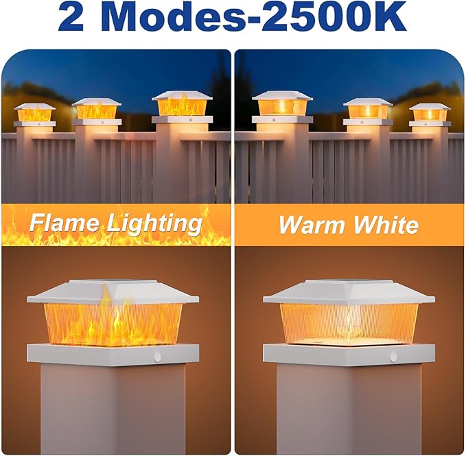APONUO Solar Post Cap Lights with Flickering Flame &amp Warm White 18-Pack for 4x4 Wood/ 5x5 Vinyl Posts Solar Powered Deck &amp Fence Lights Auto On/Off IP65 Waterproof Glossy White