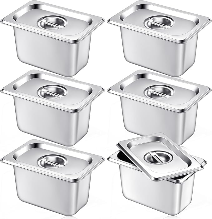 Mifoci 6 Pack Stainless Steam Hotel Pan with Lid 1/9 Size x 4 Inch Deep Steam Table Pan Restaurant Supplies Reusable Anti Rust Catering Storage for Home Party Restaurant Hotel Buffet