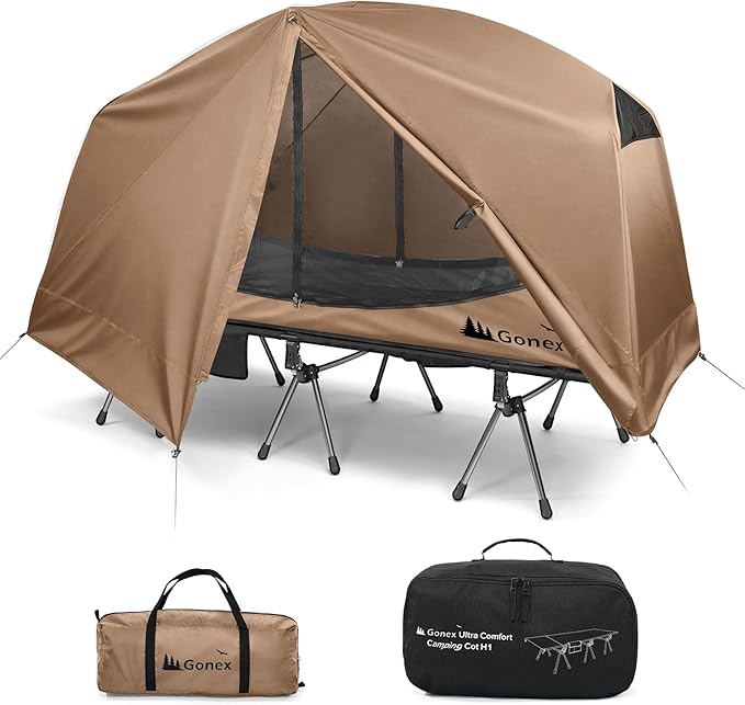 Gonex Camping Tent Cot for Adults 1-Person Off-Ground Folding Portable Easy Set-up Tent Cot Combo for Hiking Backpacking Car &amp Motorcycle Camping(31.5 W X 78.7 L)-Khaki