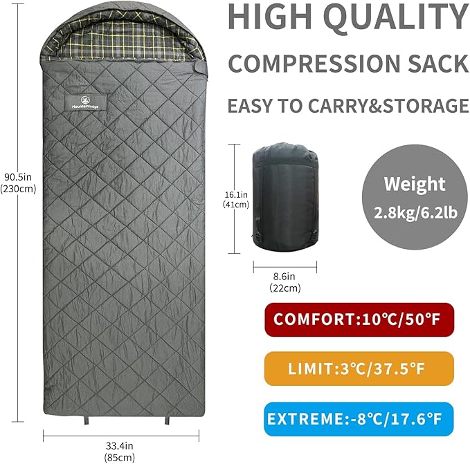 Mountainlodge 100% Cotton Shell and Lining Sleeping Bag for Adult Cold Weather with Compression Bag&ampCarry Bag for CampingTravel and Car Camping