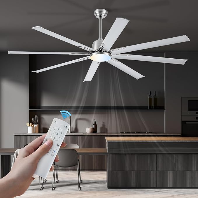 72 lnch lndustrial Celing Fan with Light and Remote ControlLarge Celing Fan with 8 Brushed Nickel Aluminum Blades6 Speed Noiseless DC MotorWet Rated Indoor Outdoor Ceiling Fans for PatioGarage
