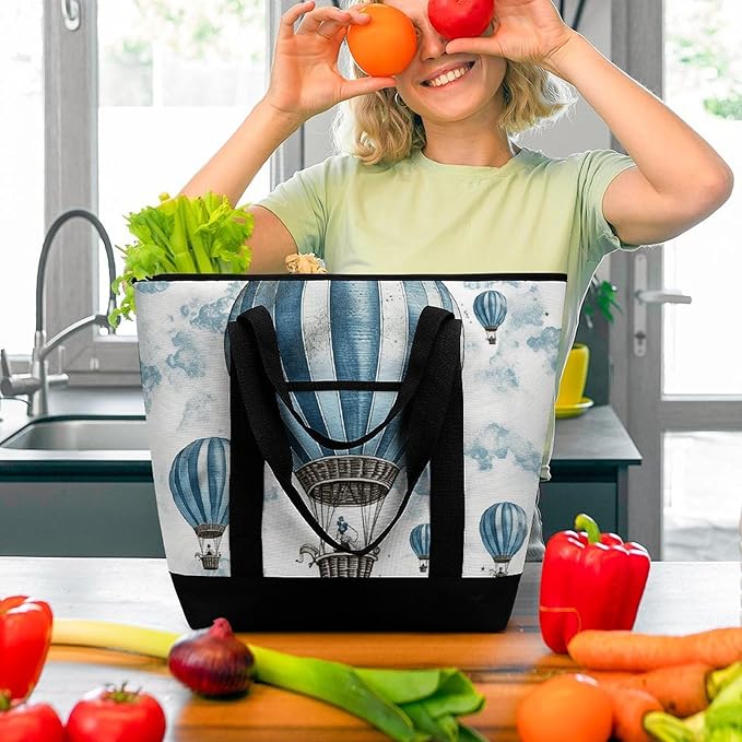 Insulated Shopping BagLarge Reusable Cooler Bags Blue Hot Air Balloon Printed Foldable Shopping BagTravel Waterproof Shoulder Bag