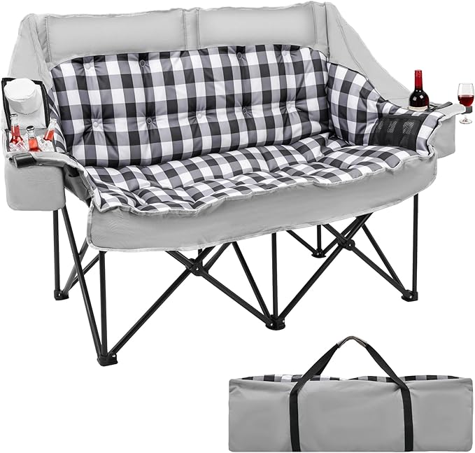 Suteck Double Camping Chair Oversized Padded Camping Couch w/Independent Seats 1200D Oxford Folding Camping Loveseat w/2 Cup &amp Wine Glass Holders Cooler Bags &amp Side Pocket for Camping Lawn