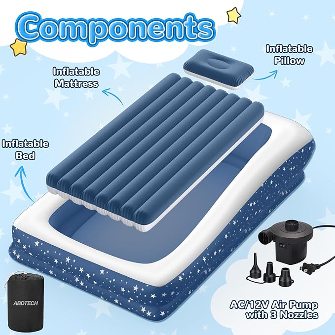 Inflatable Toddler Travel Bed: Portable &amp Safety - Blow Up Toddler Bed Travel with 4 Sides - Kids Air Mattress Ideal for Outdoor Camping - Easy to Inflate Deflate and Clean (67” Blue)