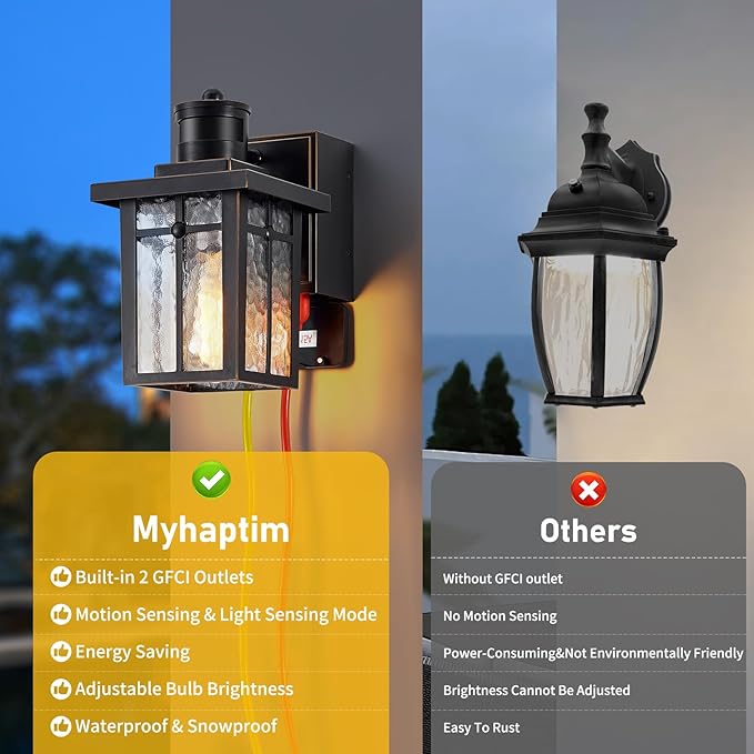 Porch Lights with GFCI OutletDusk to Dawn Motion Sensor Outdoor Lights3 Lighting Modes Black Front Door LightWaterproof Exterior Light FixtureOutside Wall Lamp for House Patio Garage