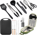 Camping Essentials Cookware Cooking Utensils Set - Portable Camp Kitchen Mess Kit Outdoor Accessories Stainless Steel &amp Silicone Camping Gear Equipment for RV Picnic Grill Green