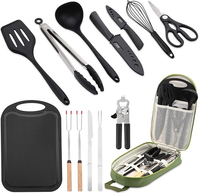 Camping Essentials Cookware Cooking Utensils Set - Portable Camp Kitchen Mess Kit Outdoor Accessories Stainless Steel &amp Silicone Camping Gear Equipment for RV Picnic Grill Green