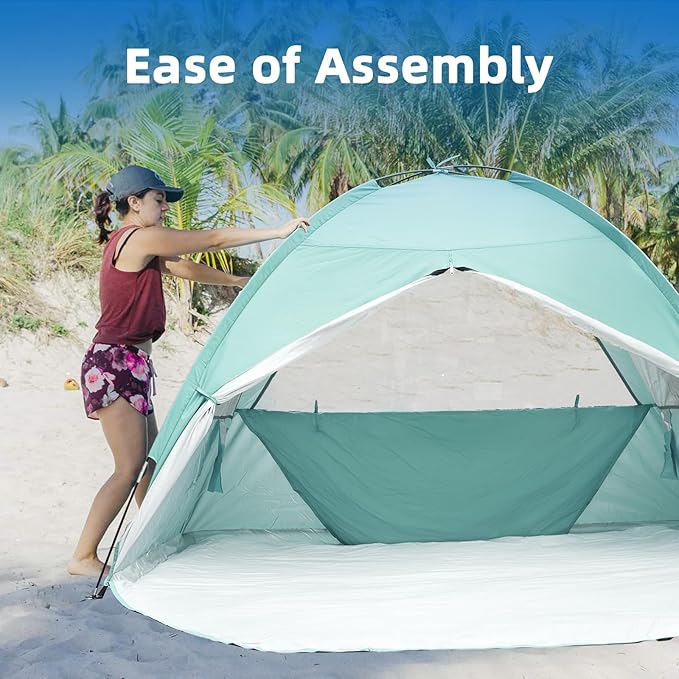 Beach Tent for 3-4 Person Large Easy Setup Beach Shade Canopy with UPF 50＋ UV Protection Portable Shade Tent with 3 Ventilating Mesh Windows for Outdoor Picnics Fishing
