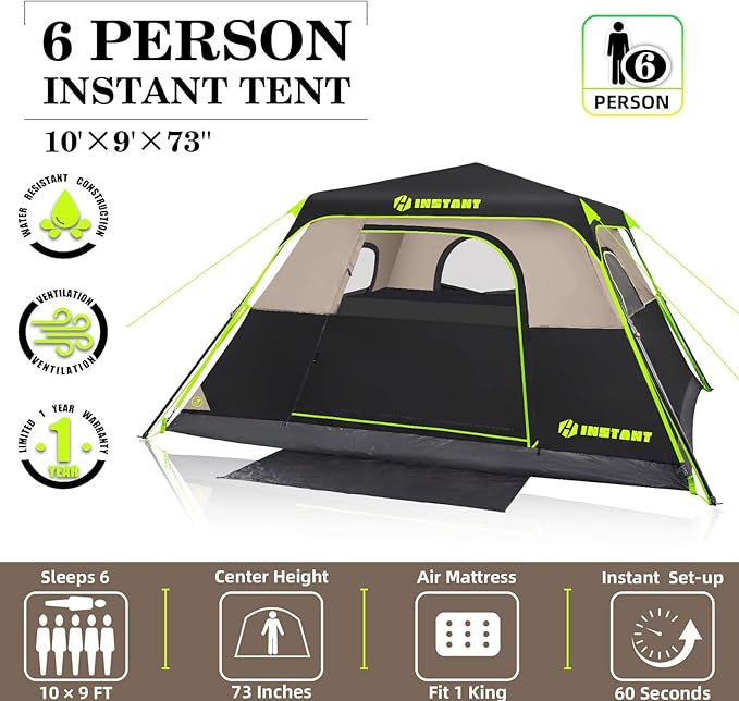 4/6/8 Person Instant Tent Waterproof Pop Up Tents for Camping with Rainfly 60 Seconds Easy Setup Automatic Cabin Tent for Family Camping with Expandable Carry Bag &amp Upgraded Ventilation