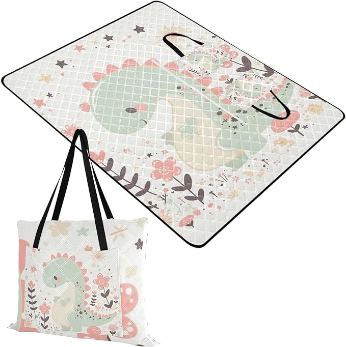 KLL Cartoon Dinosaur Childlike Doodle Style Pastel Colors Waterproof Picnic Accessories Water Resistant Grass Garden Mat for Ground Spring Gifts cobija para picnic