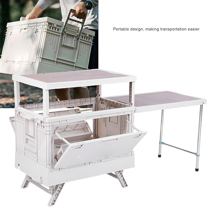 Folding Camping Storage Box with Table Board Multi Functional Collapsible Camp Kitchen Box Suitable for Outdoor Picnic Storage (White)